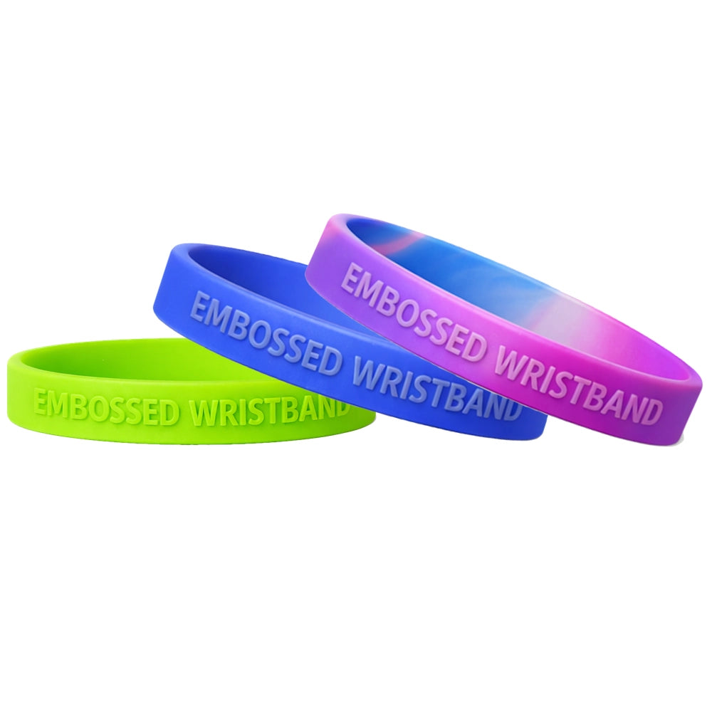 embossed silicone wristband in lime, blue and purple/blue/pink swirled