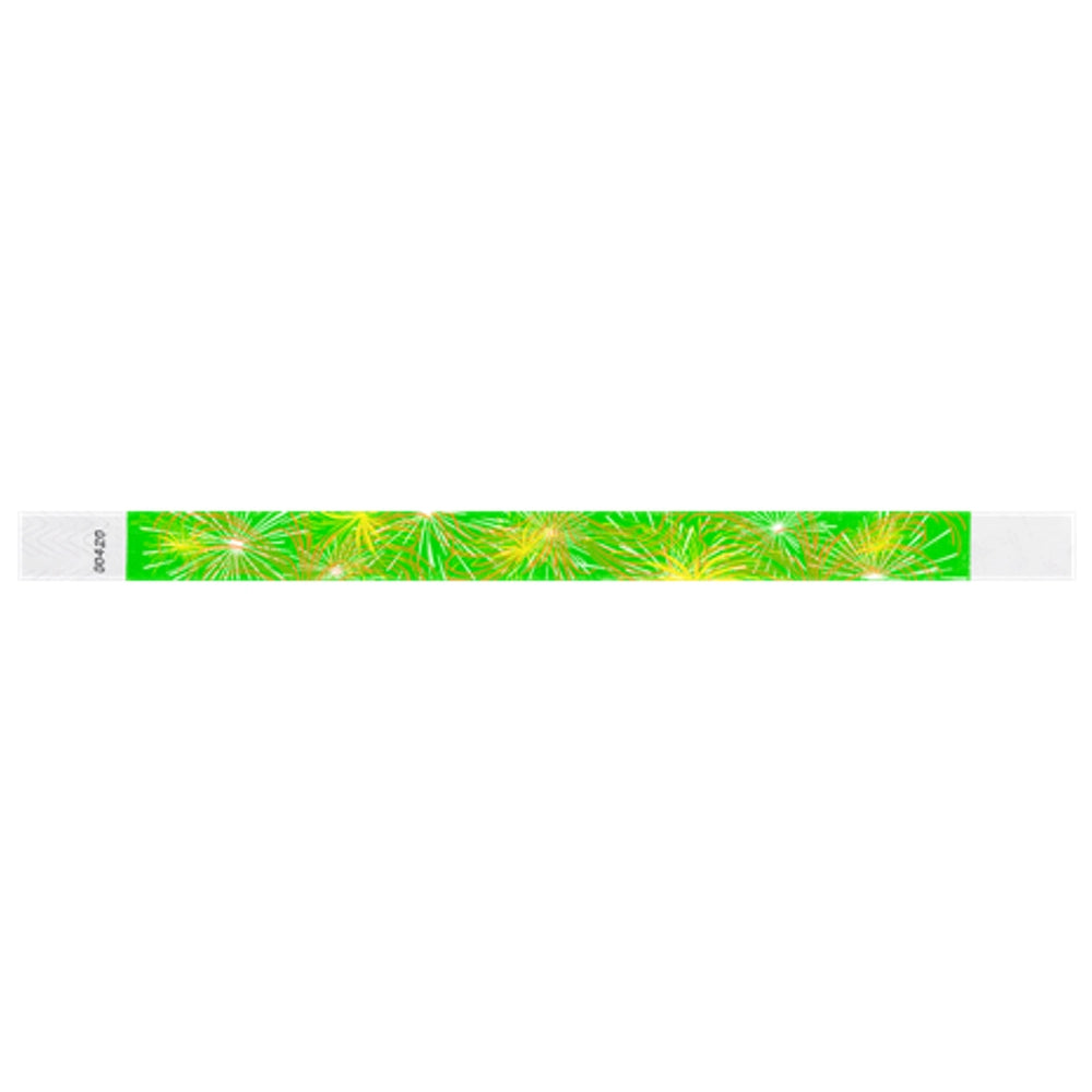 tyvek Wristband with fireworks design on a neon green background - flat shown