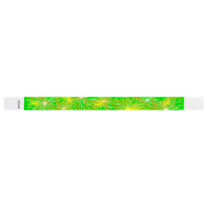 tyvek Wristband with fireworks design on a neon green background - flat shown