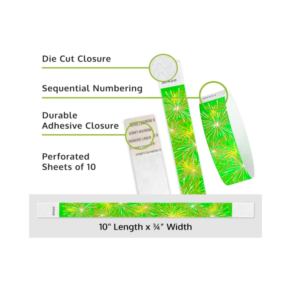 Fireworks tyvek wristband detail product page showing the die cut adhesive closure, sequential numbering, perforated sheets of 10 and the dimensions.