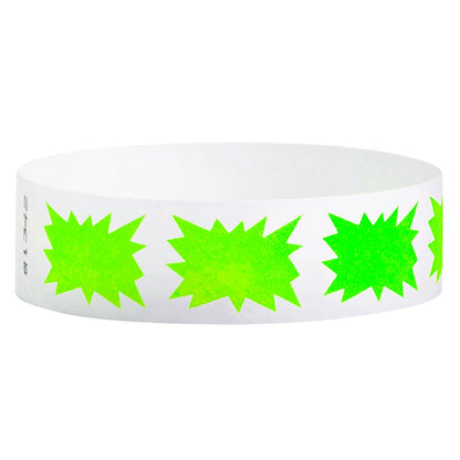 White tyvek wristband with neon green starburst pattern -  shown in round 