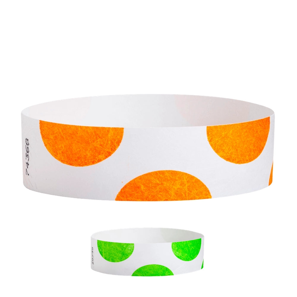 tyvek 3/4" white wristbands with half circle pattern in neon orange, and neon green