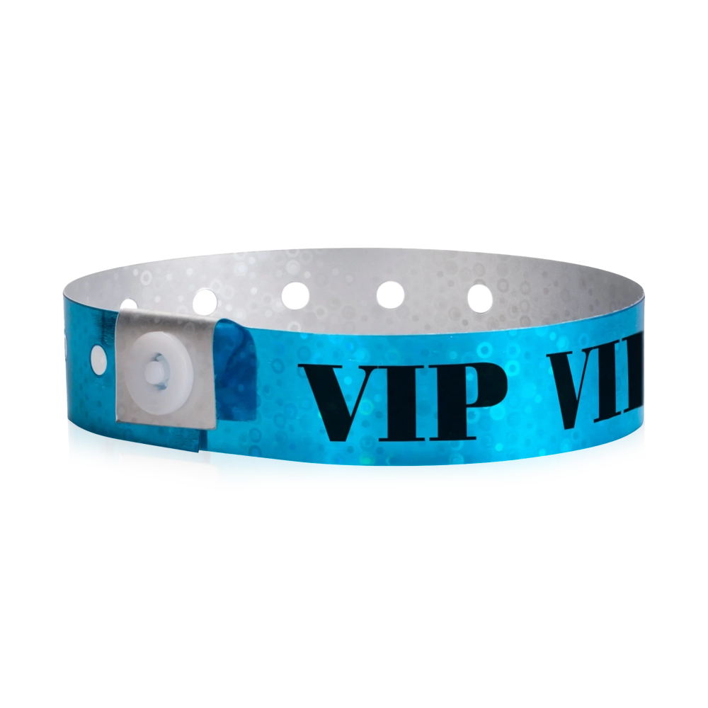 blue holographic wristband with text "VIP" printed in black across the band - shown in round