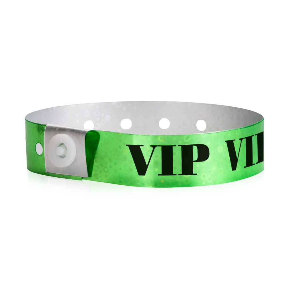 green holographic wristband with text "VIP" printed in black across the band - shown in round