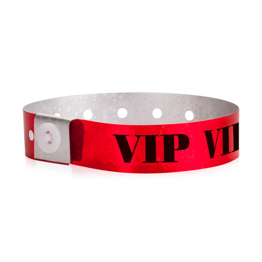 red holographic wristband with text "VIP" printed in black across the band - shown in round