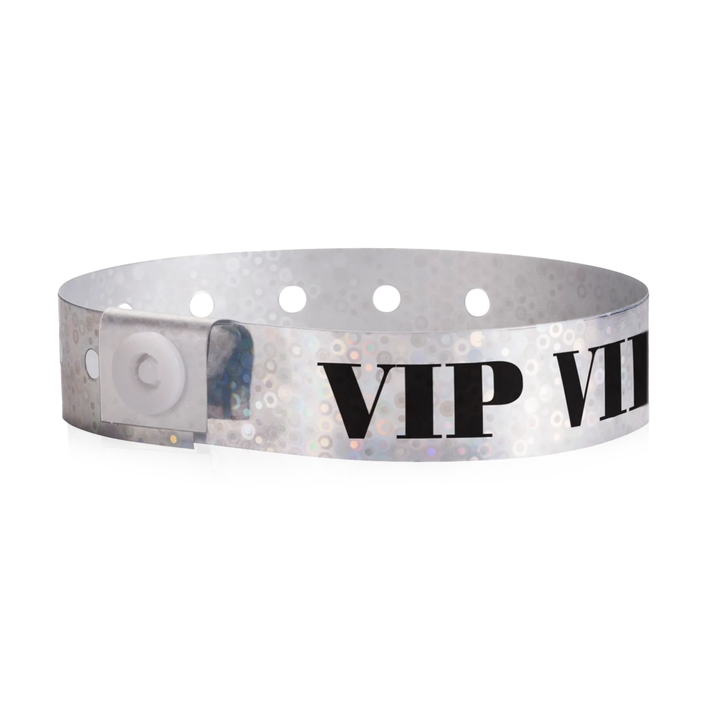 silver holographic wristband with text "VIP" printed in black across the band - shown in round