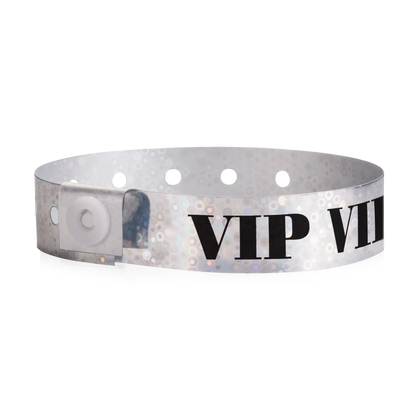 silver holographic wristband with text "VIP" printed in black across the band - shown in round