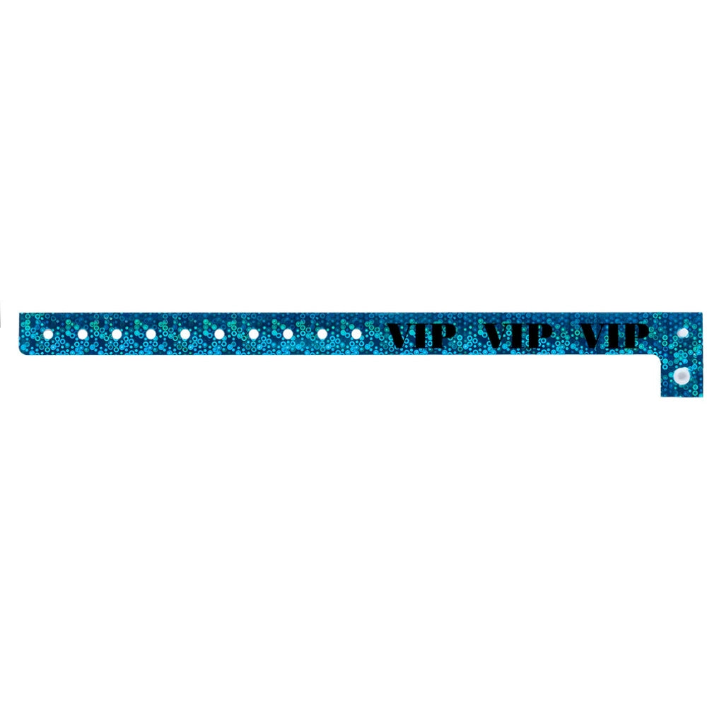 blue holographic wristband with text "VIP" printed in black across the band - shown in flat 
