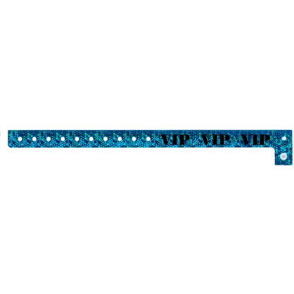 blue holographic wristband with text "VIP" printed in black across the band - shown in flat 