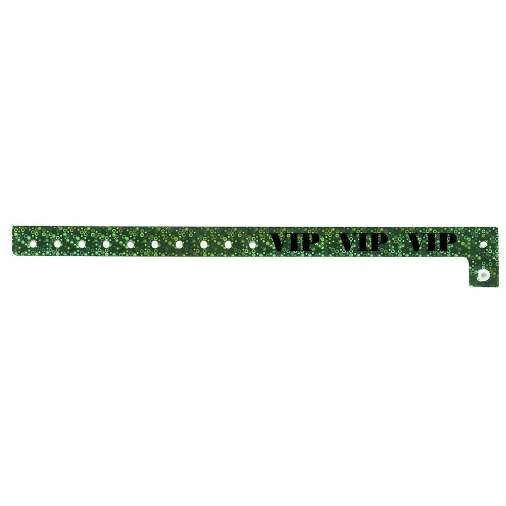 green holographic wristband with text "VIP" printed in black across the band - shown in flat 