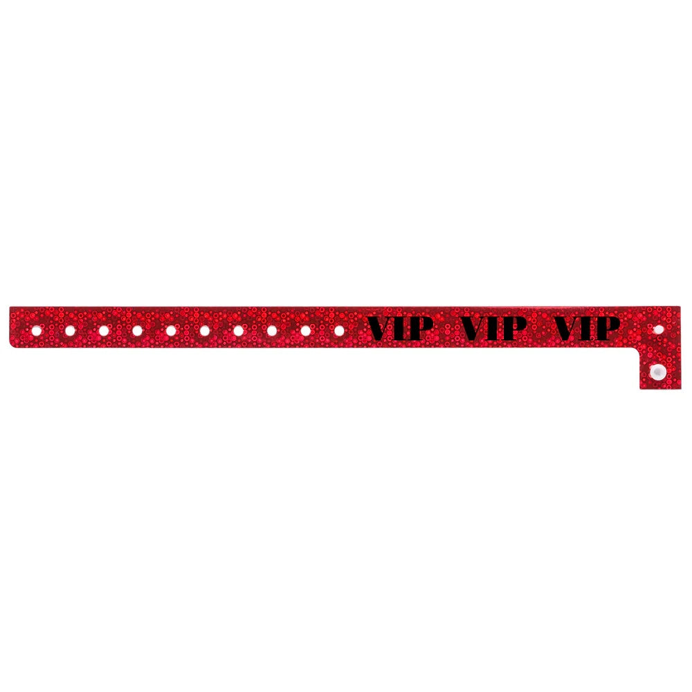 red holographic wristband with text "VIP" printed in black across the band - shown in flat 