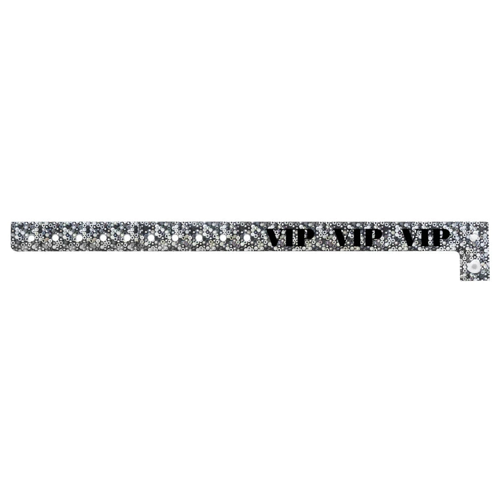 silver holographic wristband with text "VIP" printed in black across the band - shown in flat 