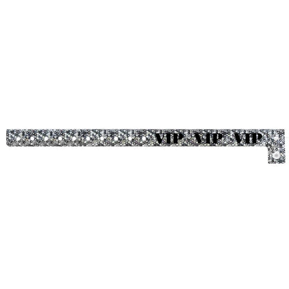 silver holographic wristband with text "VIP" printed in black across the band - shown in flat 