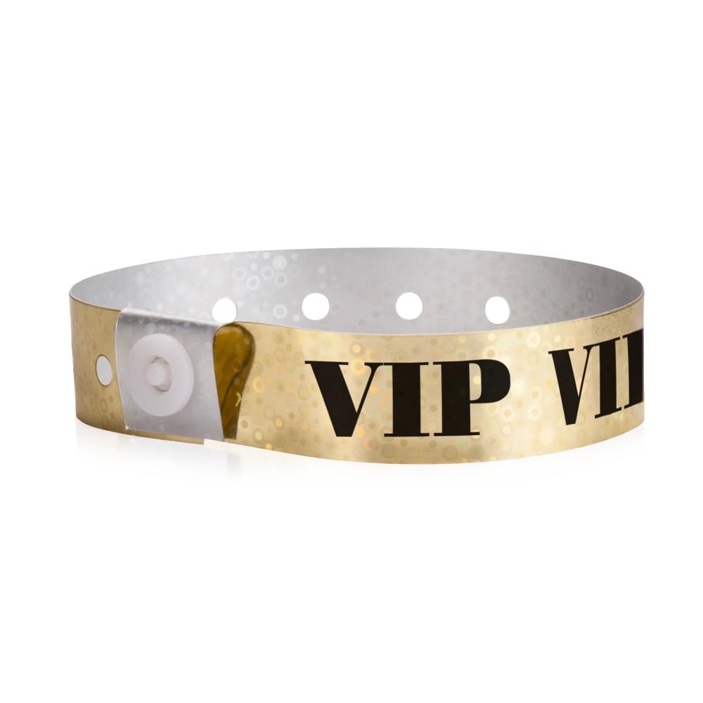 gold holographic wristband with text "VIP" printed in black across the band - shown in round