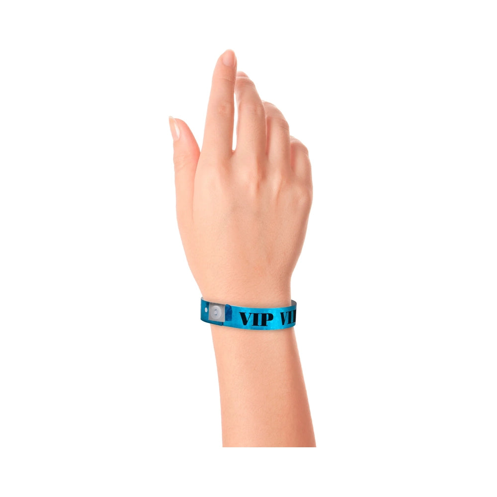 blue holographic wristband with text "VIP" printed in black across the band - shown on wrist 