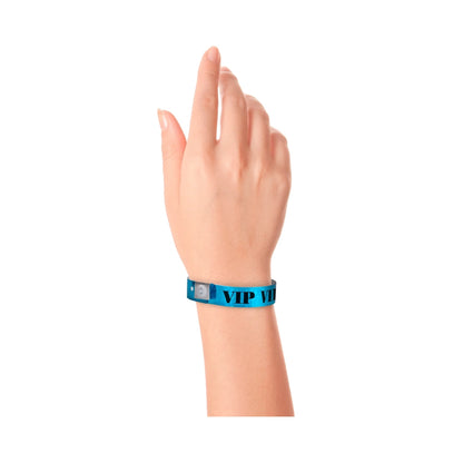 blue holographic wristband with text "VIP" printed in black across the band - shown on wrist 