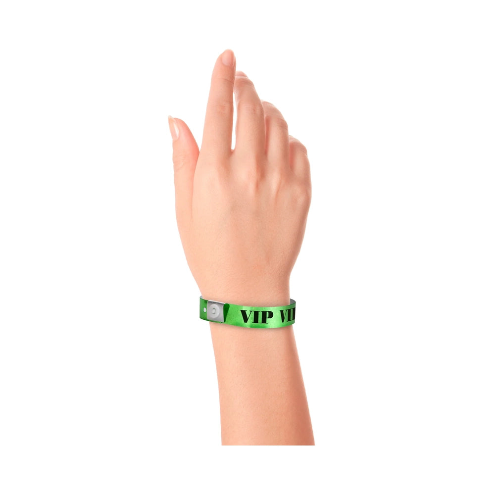 green holographic wristband with text "VIP" printed in black across the band - shown on wrist 