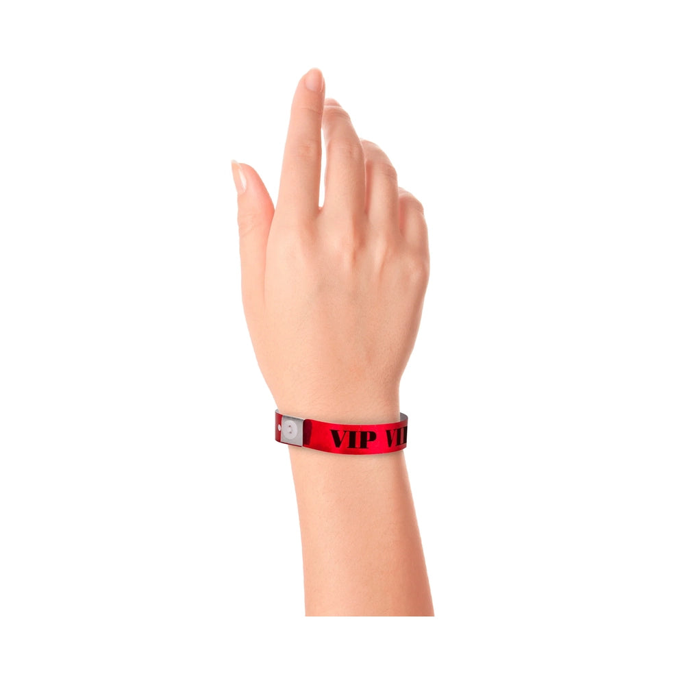 red holographic wristband with text "VIP" printed in black across the band - shown on wrist 