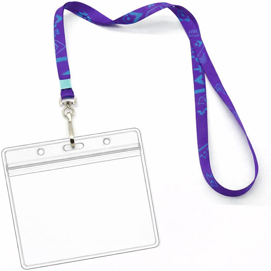purple and teal lanyard showcasing a horizontal badge holder