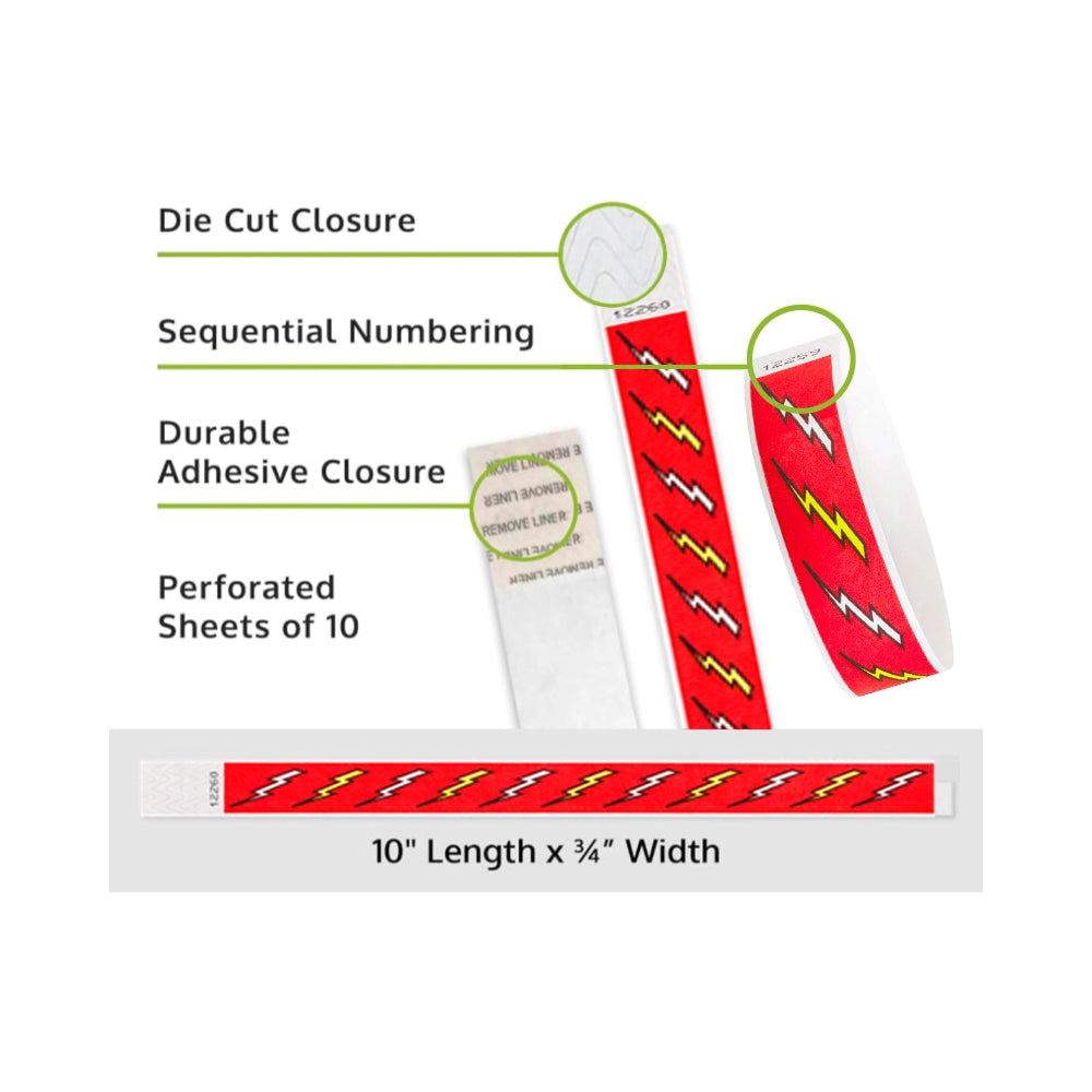 lightning bolt tyvek wristband detail product page showing the die cut adhesive closure, sequential numbering, perforated sheets of 10 and the dimensions.