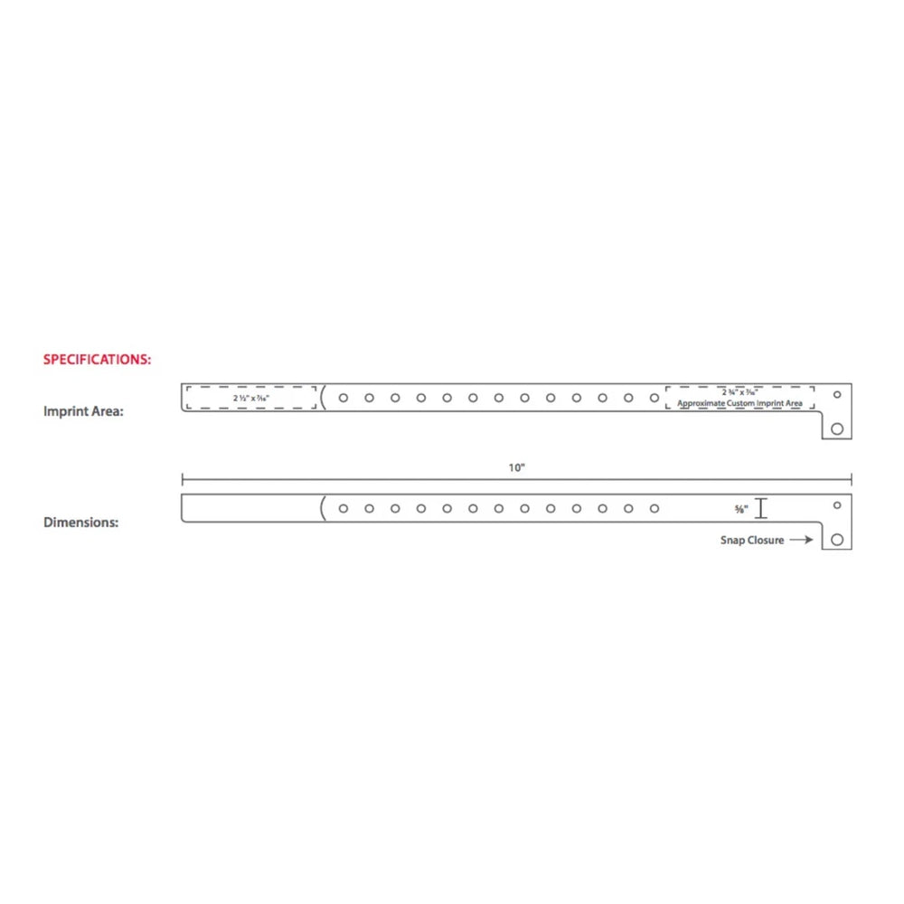Template for plastic slim wristband showing where to customize and other details