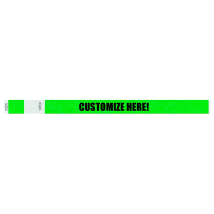 Tyvek detacheble stub wristband in neon green with text "CUSTOMIZE HERE!" in black - shown in flat 