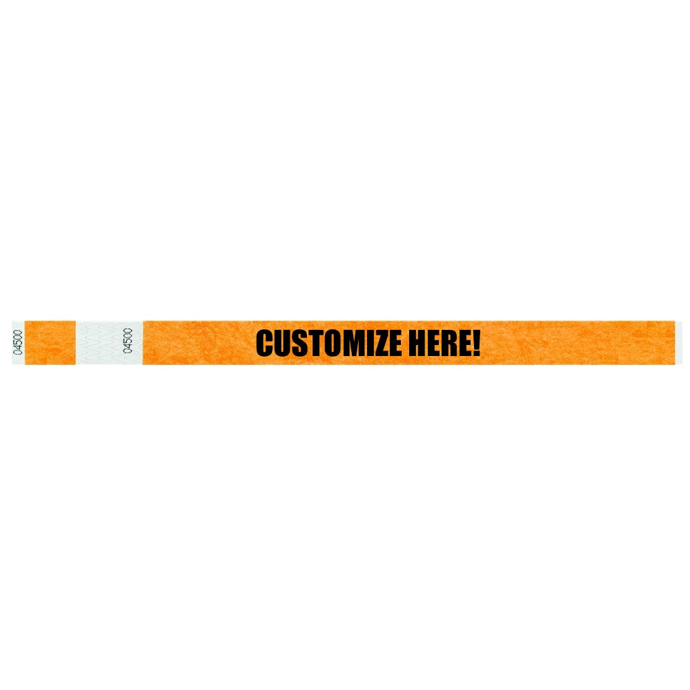 Tyvek detacheble stub wristband in neon orange with text "CUSTOMIZE HERE!" in black - shown in flat 