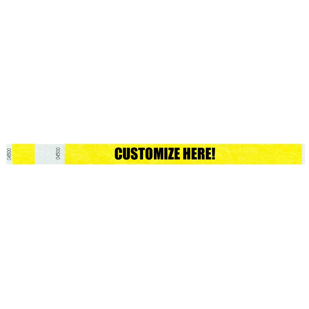 Tyvek detacheble stub wristband in neon yellow with text "CUSTOMIZE HERE!" in black - shown in flat 
