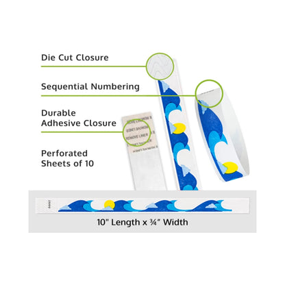 ocean breeze tyvek wristband detail product page showing the die cut adhesive closure, sequential numbering, perforated sheets of 10 and the dimensions.