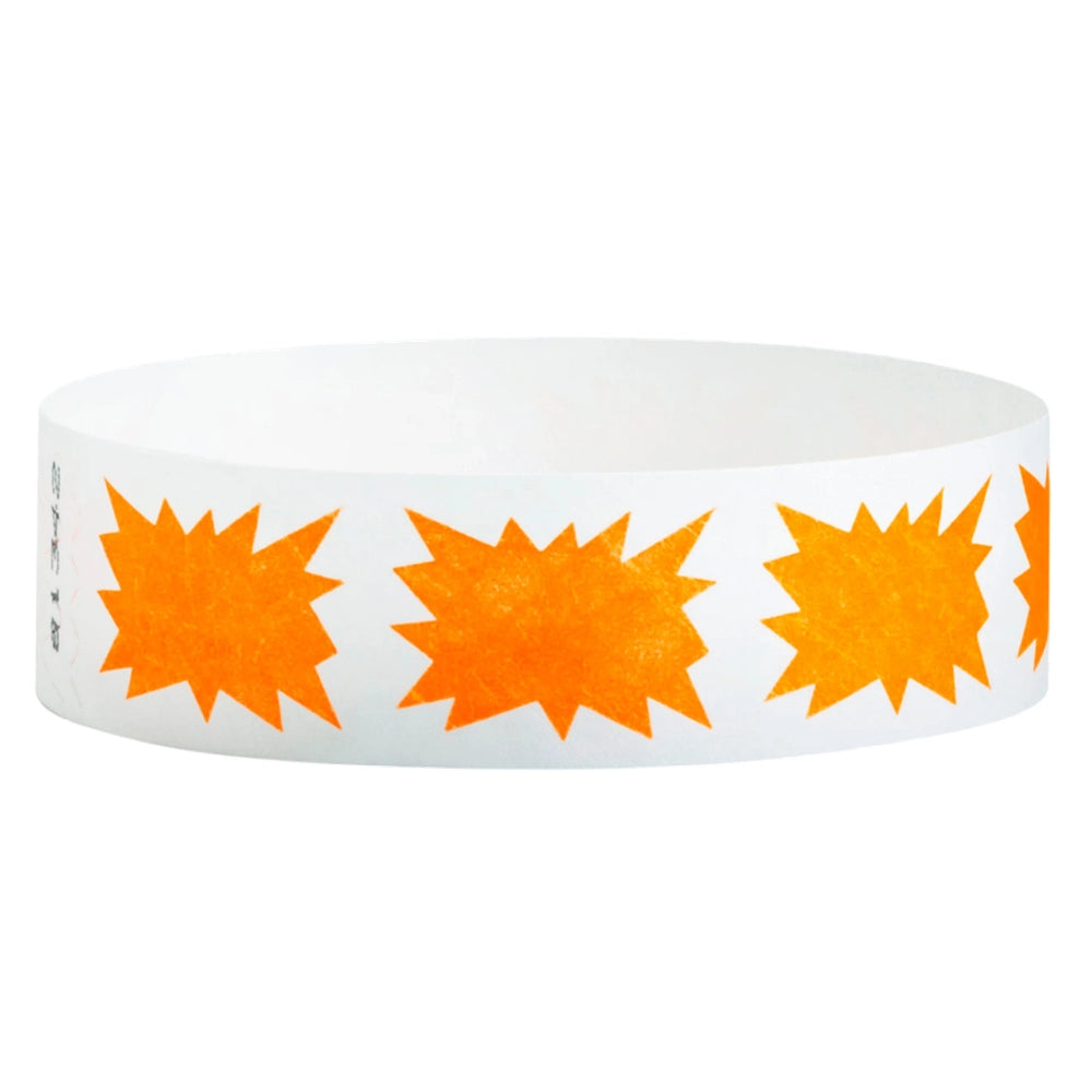White tyvek wristband with neon orange starburst pattern - shown in round 