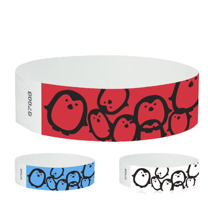 tyvek 3/4" wristbands - black penguin pattern on neon red, neon blue and white wristbands