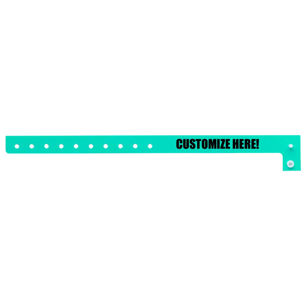 Plastic regular wristband in aqua with black text "CUSTOMIZE HERE!" - shown in flat 
