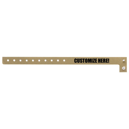 Plastic regular wristband in gold with black text "CUSTOMIZE HERE!" - shown in flat 