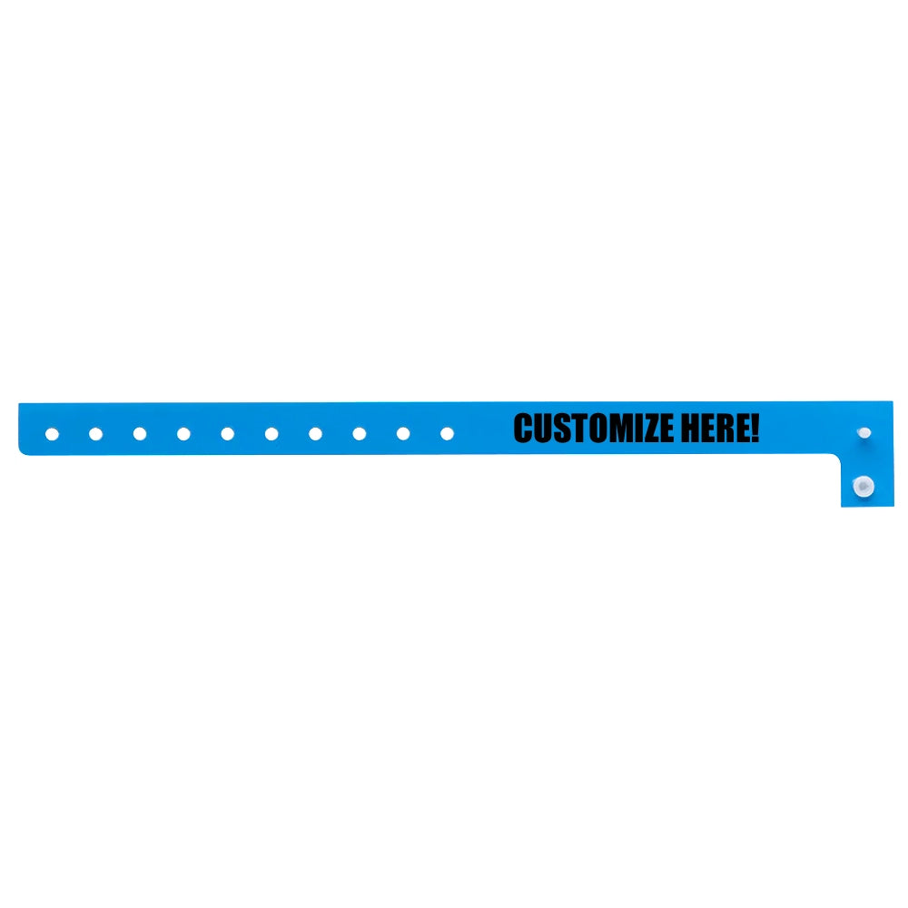 Plastic regular wristband in neon blue with black text "CUSTOMIZE HERE!" - shown in flat 