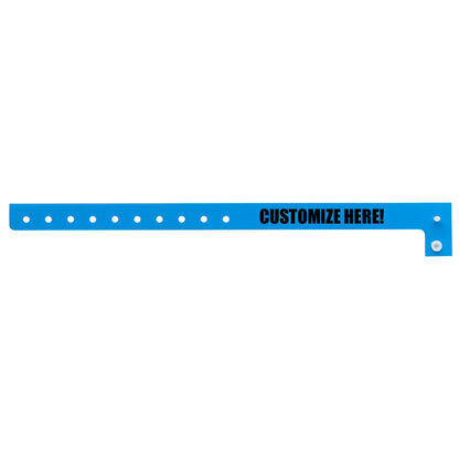 Plastic regular wristband in neon blue with black text "CUSTOMIZE HERE!" - shown in flat 
