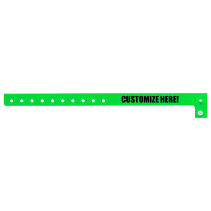 Plastic regular wristband in neon green with black text "CUSTOMIZE HERE!" - shown in flat 