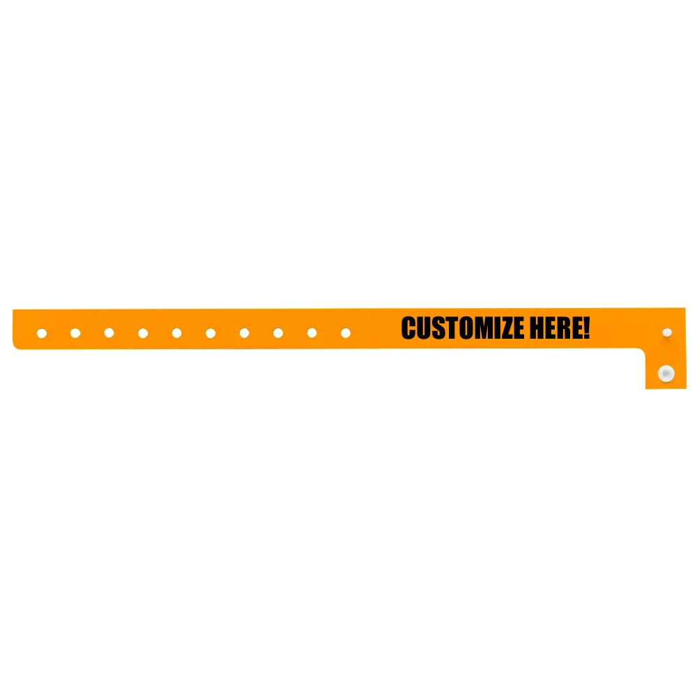 Plastic regular wristband in neon orange with black text "CUSTOMIZE HERE!" - shown in flat 