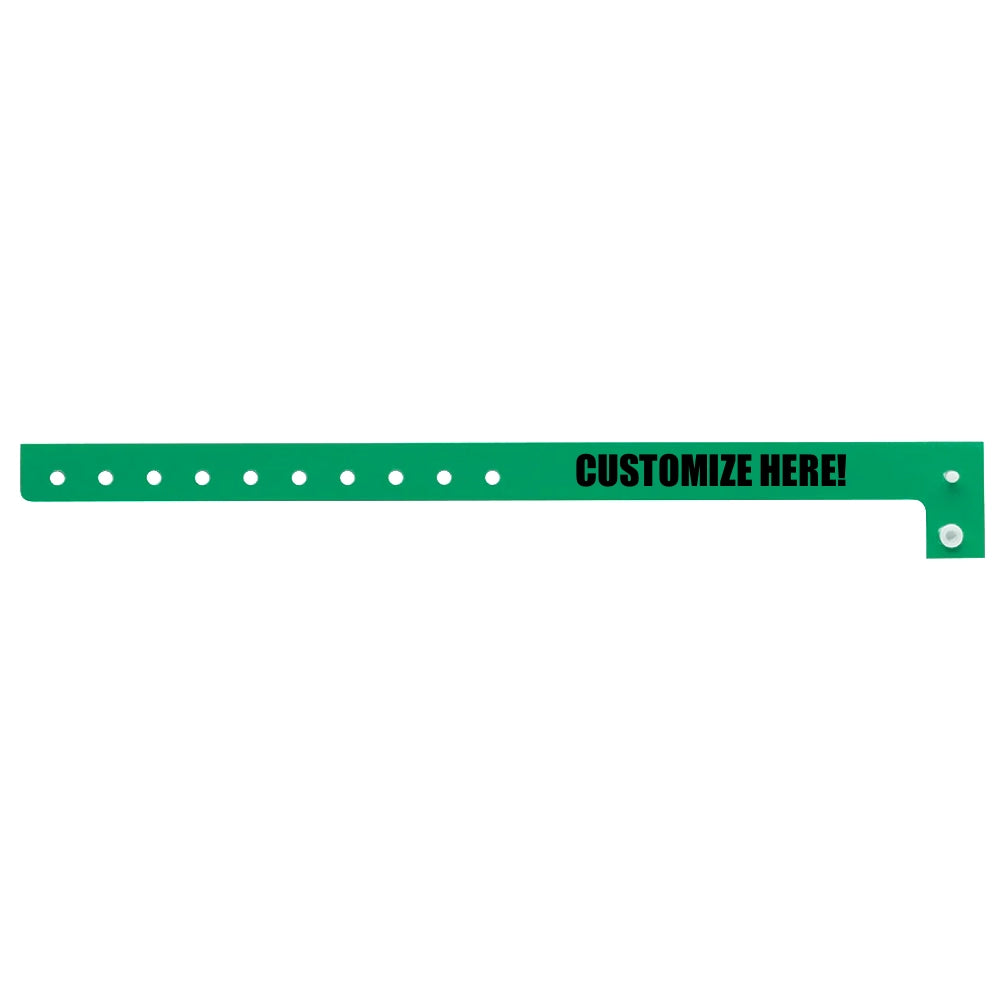 Plastic regular wristband in pantone green with black text "CUSTOMIZE HERE!" - shown in flat 