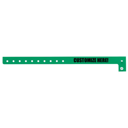 Plastic regular wristband in pantone green with black text "CUSTOMIZE HERE!" - shown in flat 