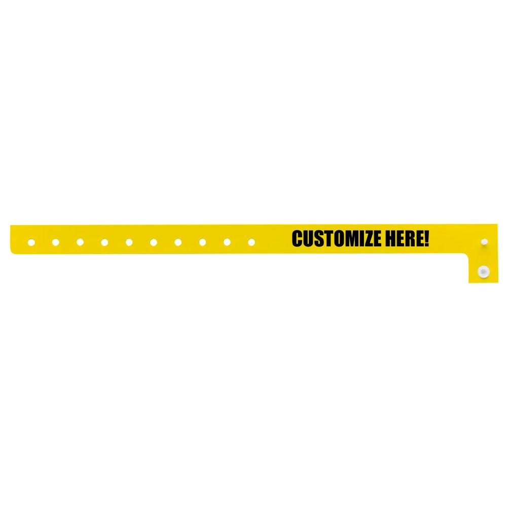 Plastic regular wristband in pantone yellow with black text "CUSTOMIZE HERE!" - shown in flat 