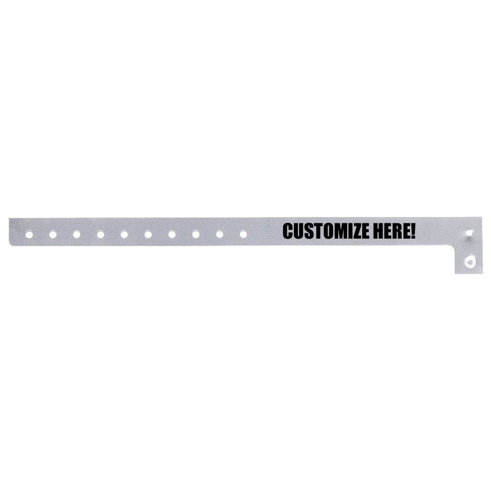 Plastic regular wristband in silver with black text "CUSTOMIZE HERE!" - shown in flat 