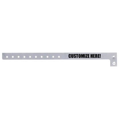 Plastic regular wristband in silver with black text "CUSTOMIZE HERE!" - shown in flat 