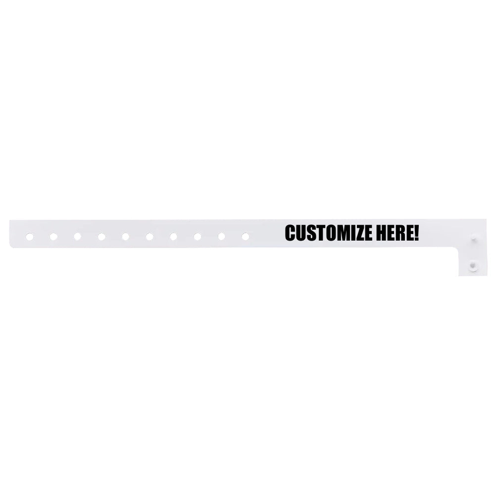 Plastic regular wristband in white with black text "CUSTOMIZE HERE!" - shown in flat 