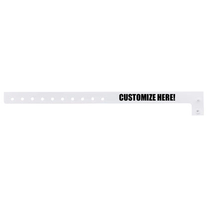 Plastic regular wristband in white with black text "CUSTOMIZE HERE!" - shown in flat 