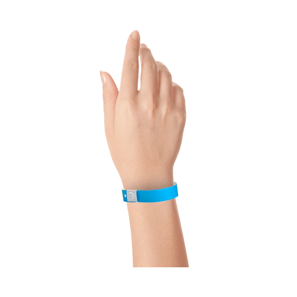 Wrist wearing plastic regular wristband in neon blue