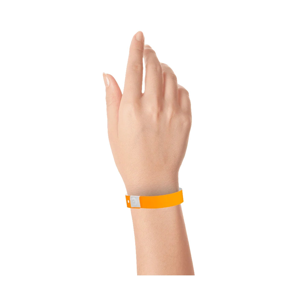 Wrist wearing plastic regular wristband in neon orange