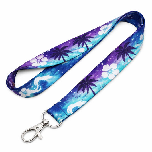 polyester sublimation Lanyard with palm tree and flower design with a purple / blue and teal colouring 