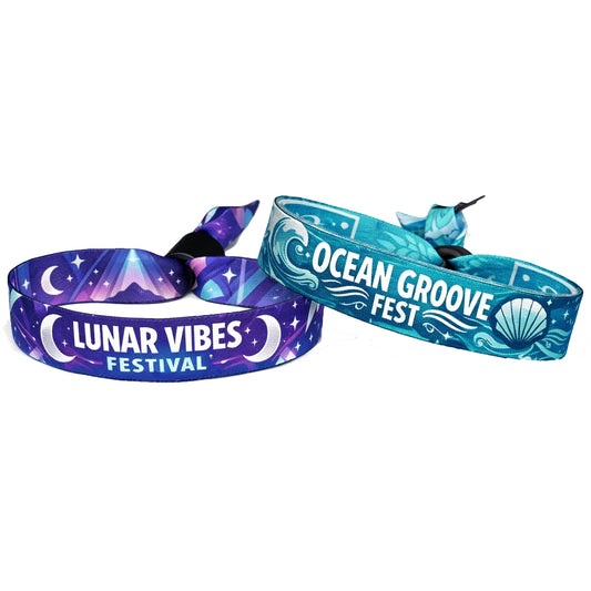 Two polyester sublimation cloth festival wristbands, one purple with 'Lunar Vibes Festival' text and the other blue with 'Ocean Groove Fest' white text.