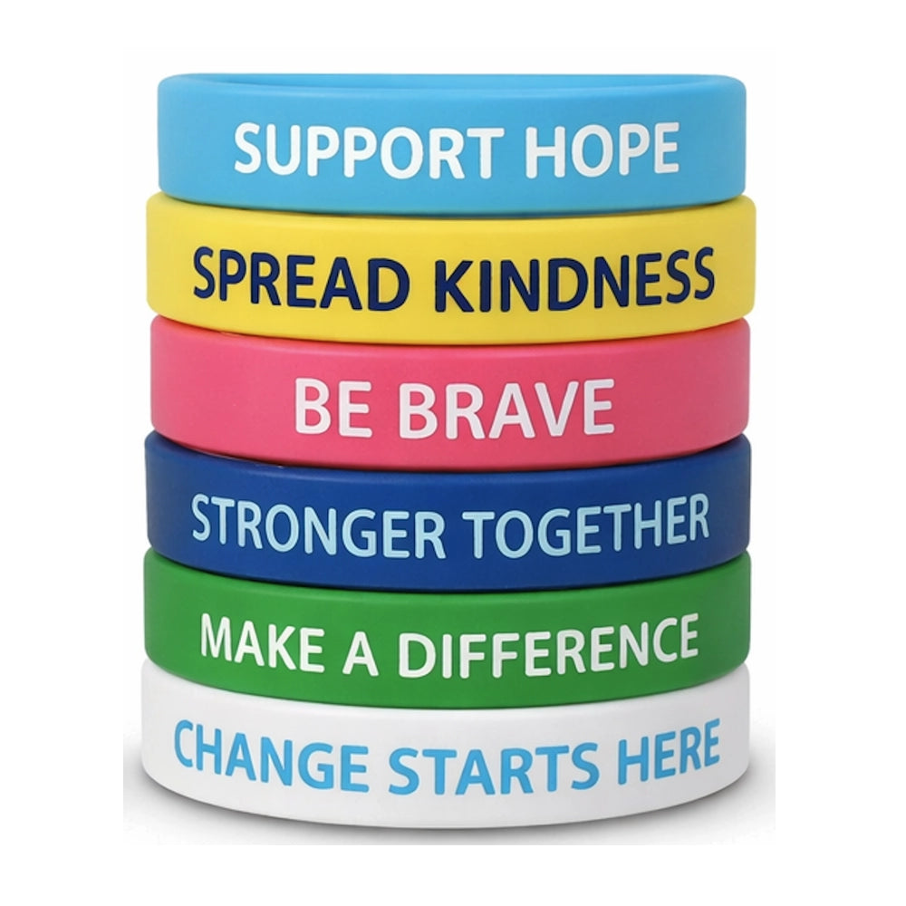 printed silicone wristbands showing example messages