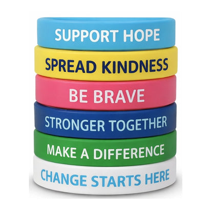 printed silicone wristbands showing example messages